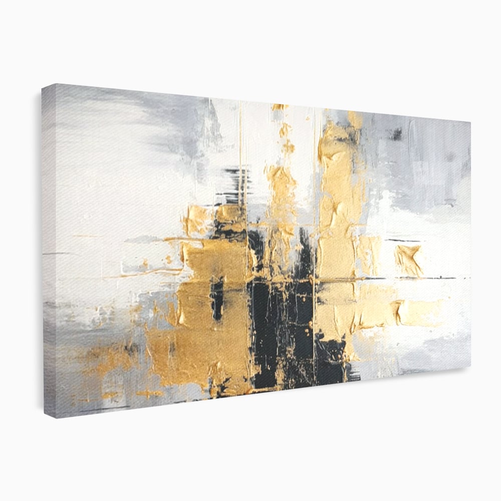 Tablou canvas cu pictura abstracta cu auriu si negru, fara rama, pe sasiu de lemn